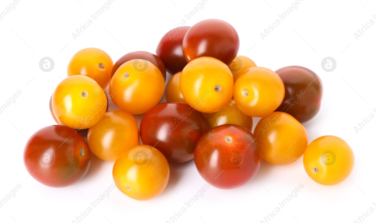 Photo of Heap of different ripe juicy tomatoes isolated on white