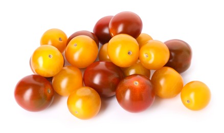 Photo of Heap of different ripe juicy tomatoes isolated on white