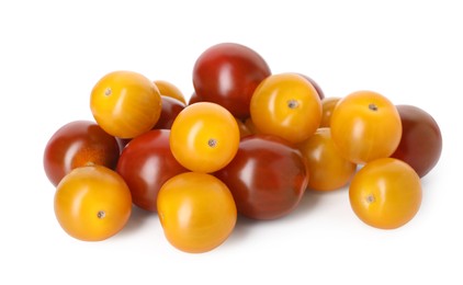 Photo of Heap of different ripe juicy tomatoes isolated on white