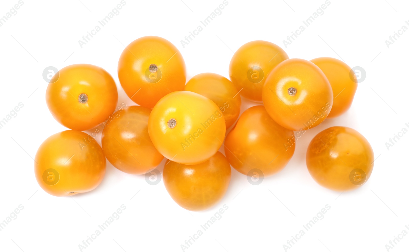 Photo of Many ripe yellow tomatoes isolated on white, top view