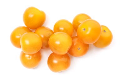 Photo of Many ripe yellow tomatoes isolated on white, top view