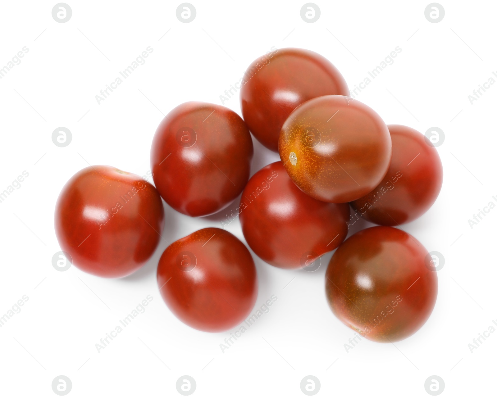 Photo of Many ripe juicy tomatoes isolated on white, top view