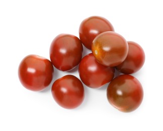 Photo of Many ripe juicy tomatoes isolated on white, top view