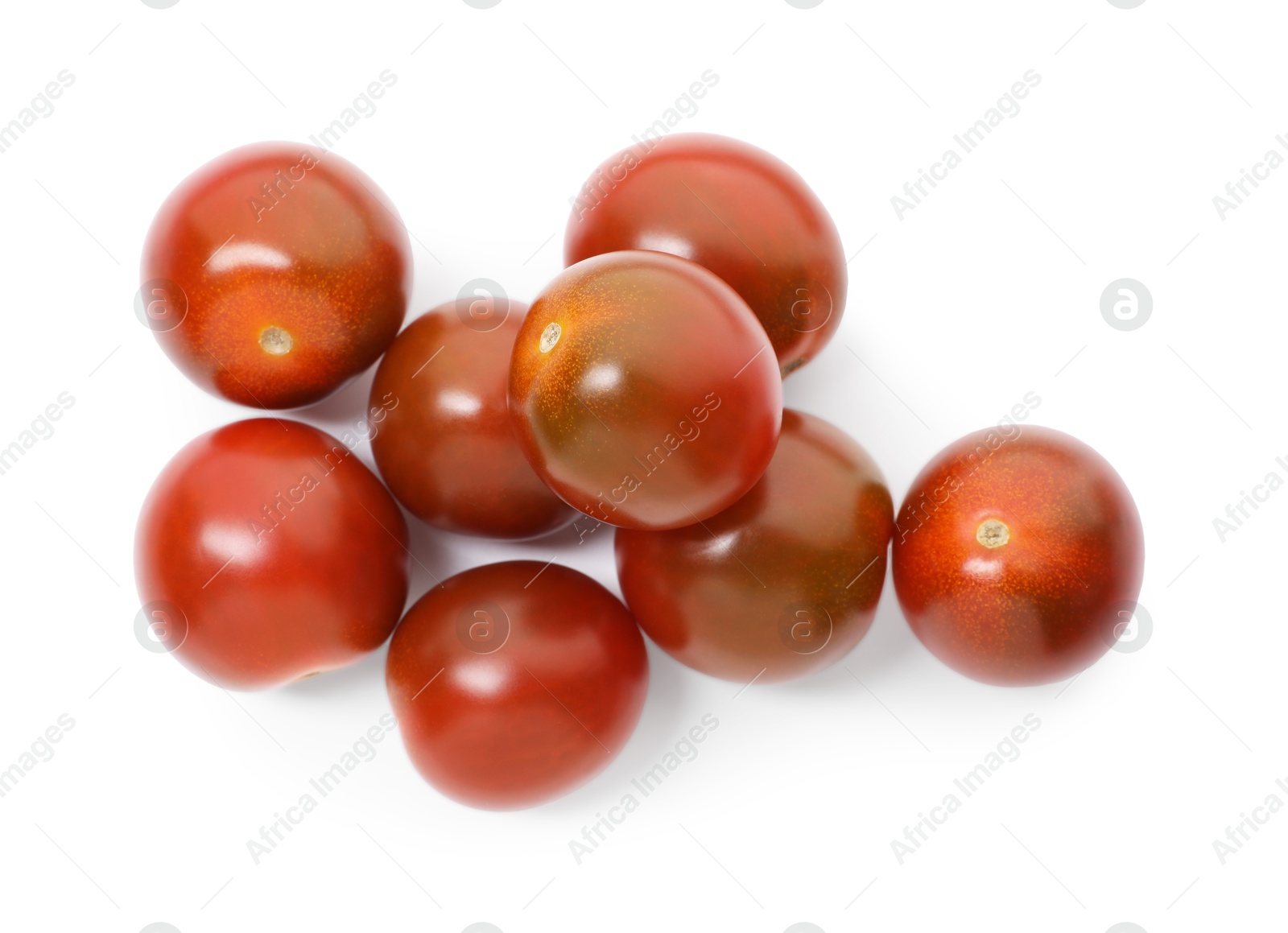 Photo of Many ripe juicy tomatoes isolated on white, top view