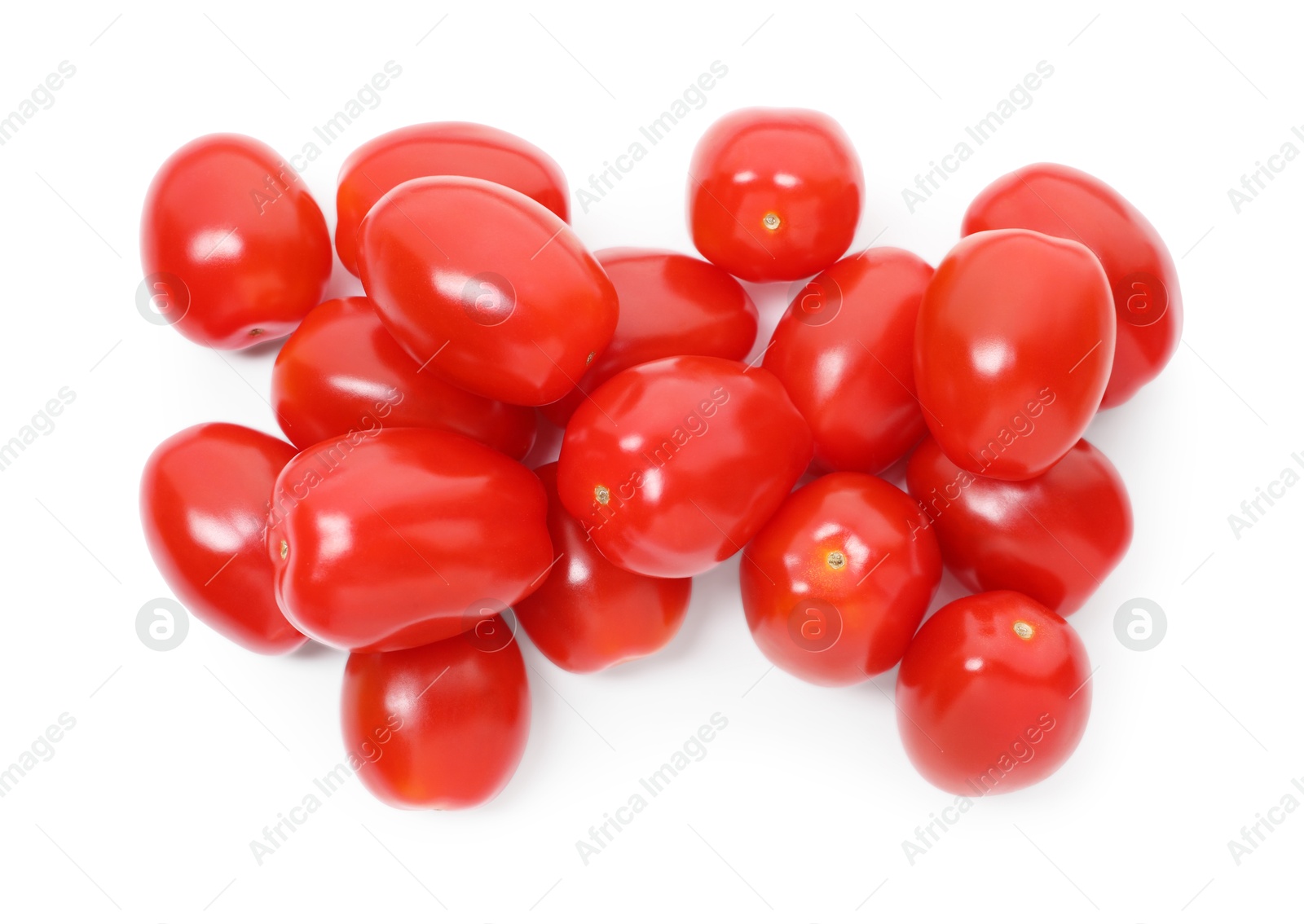 Photo of Many ripe red tomatoes isolated on white, top view