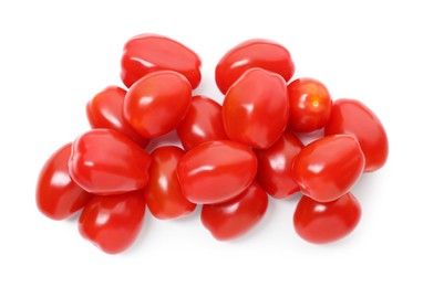Photo of Many ripe red tomatoes isolated on white, top view