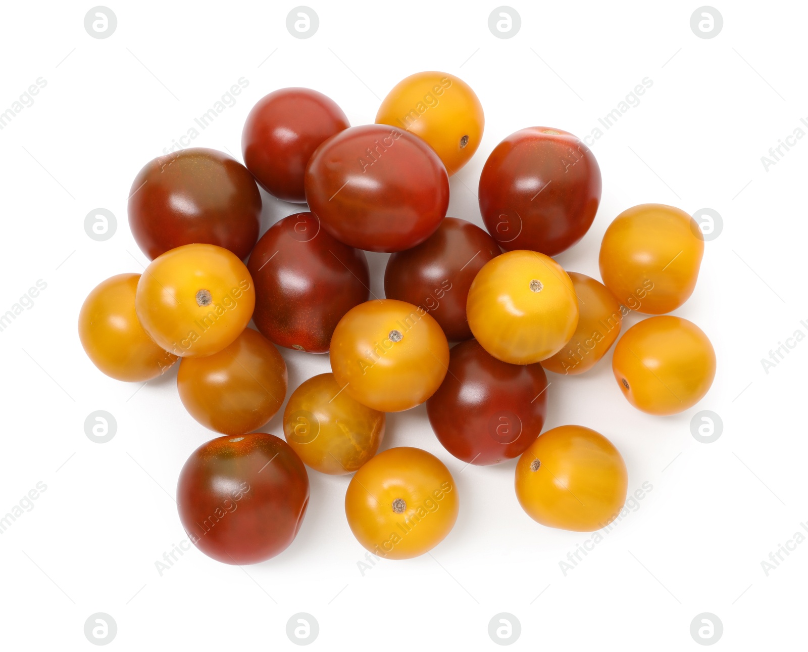 Photo of Heap of different ripe juicy tomatoes isolated on white, top view