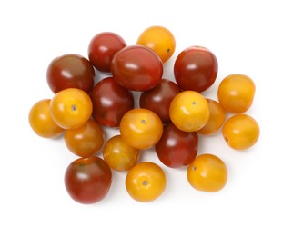 Photo of Heap of different ripe juicy tomatoes isolated on white, top view
