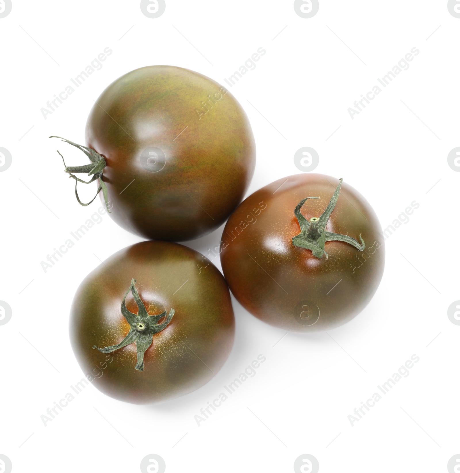 Photo of Ripe brown tomatoes isolated on white, top view