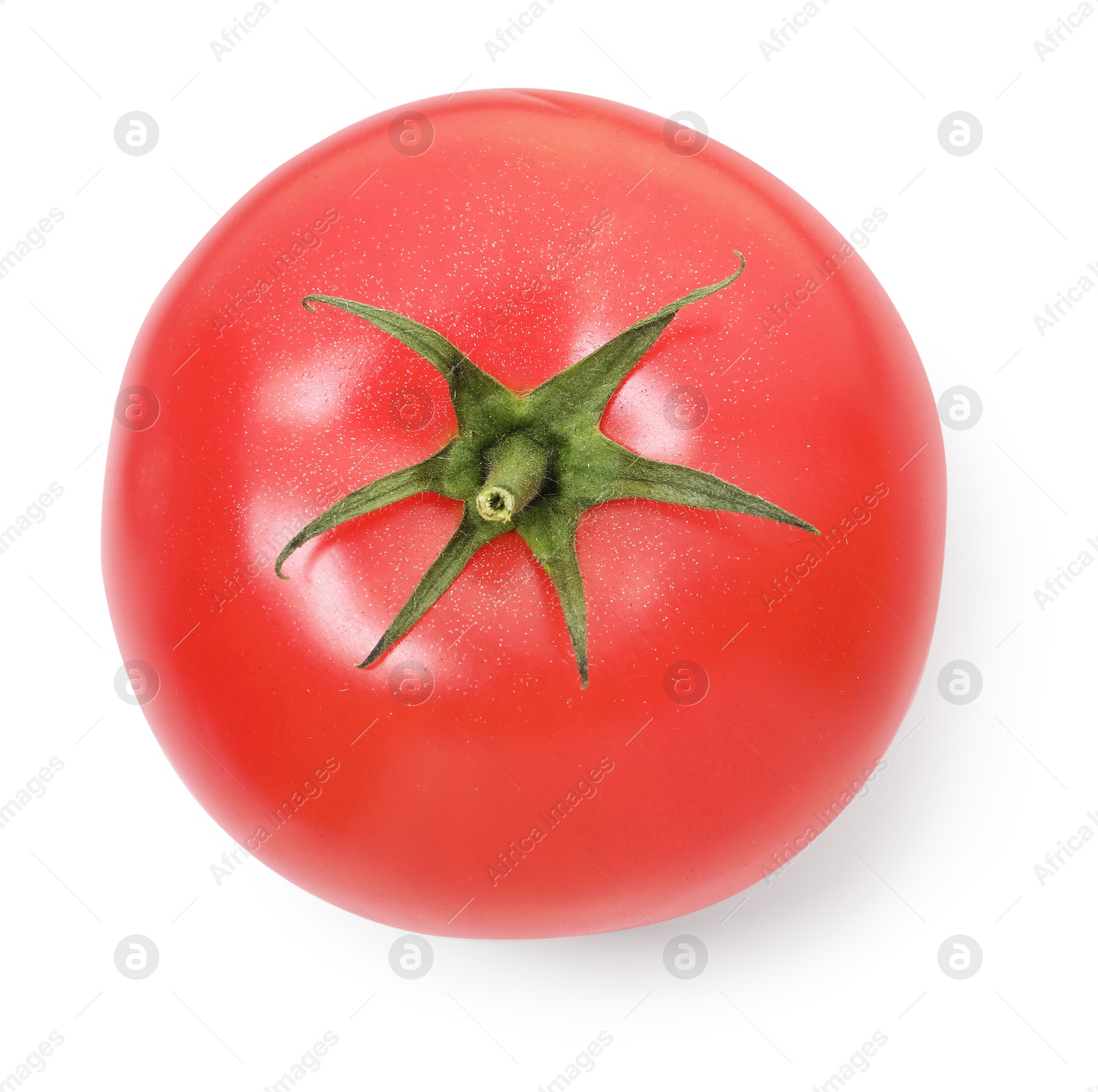 Photo of One ripe red tomato isolated on white, top view