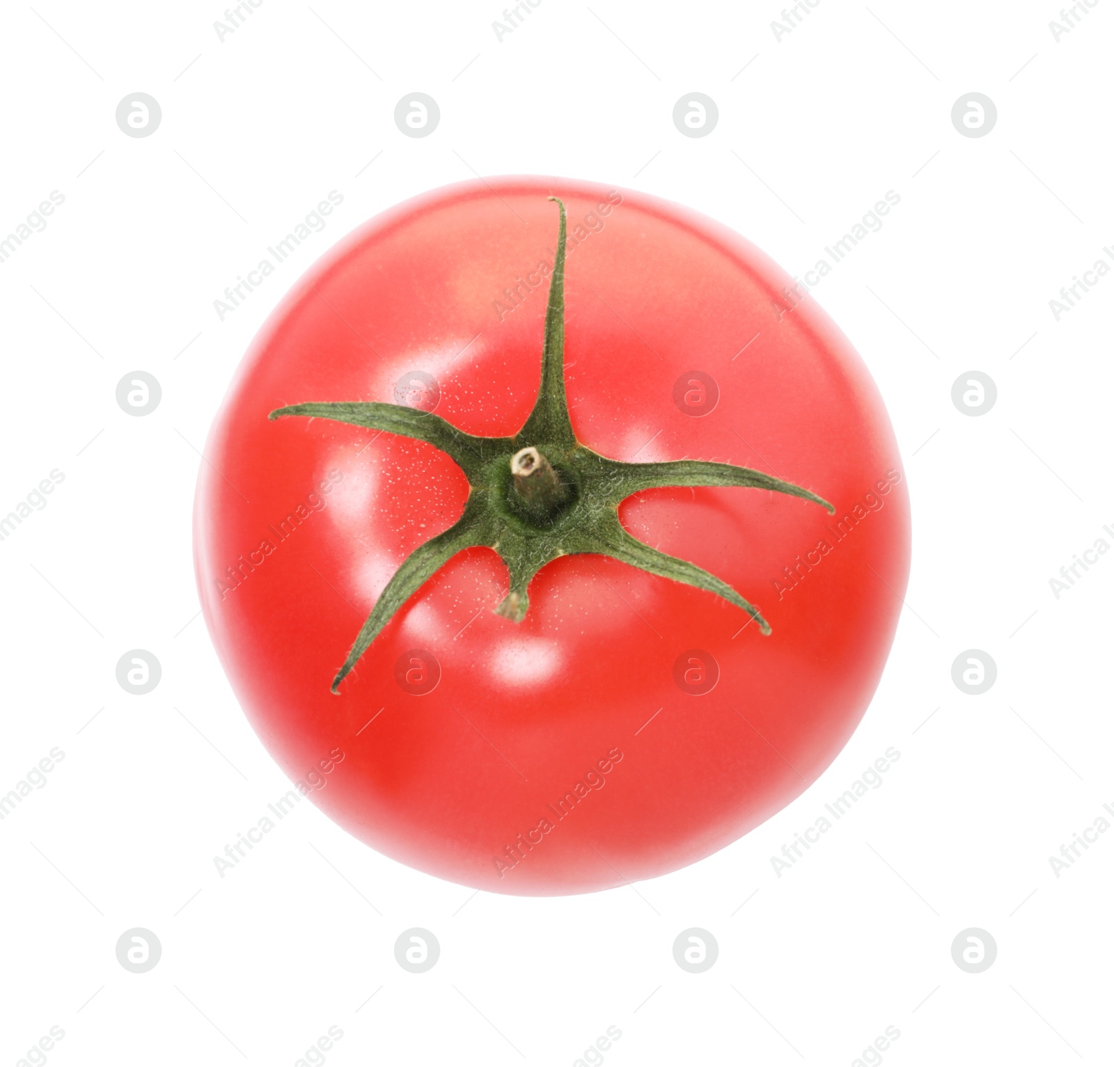 Photo of One ripe red tomato isolated on white, top view