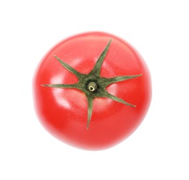 Photo of One ripe red tomato isolated on white, top view