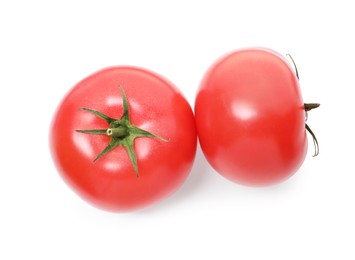 Photo of Ripe red tomatoes isolated on white, top view