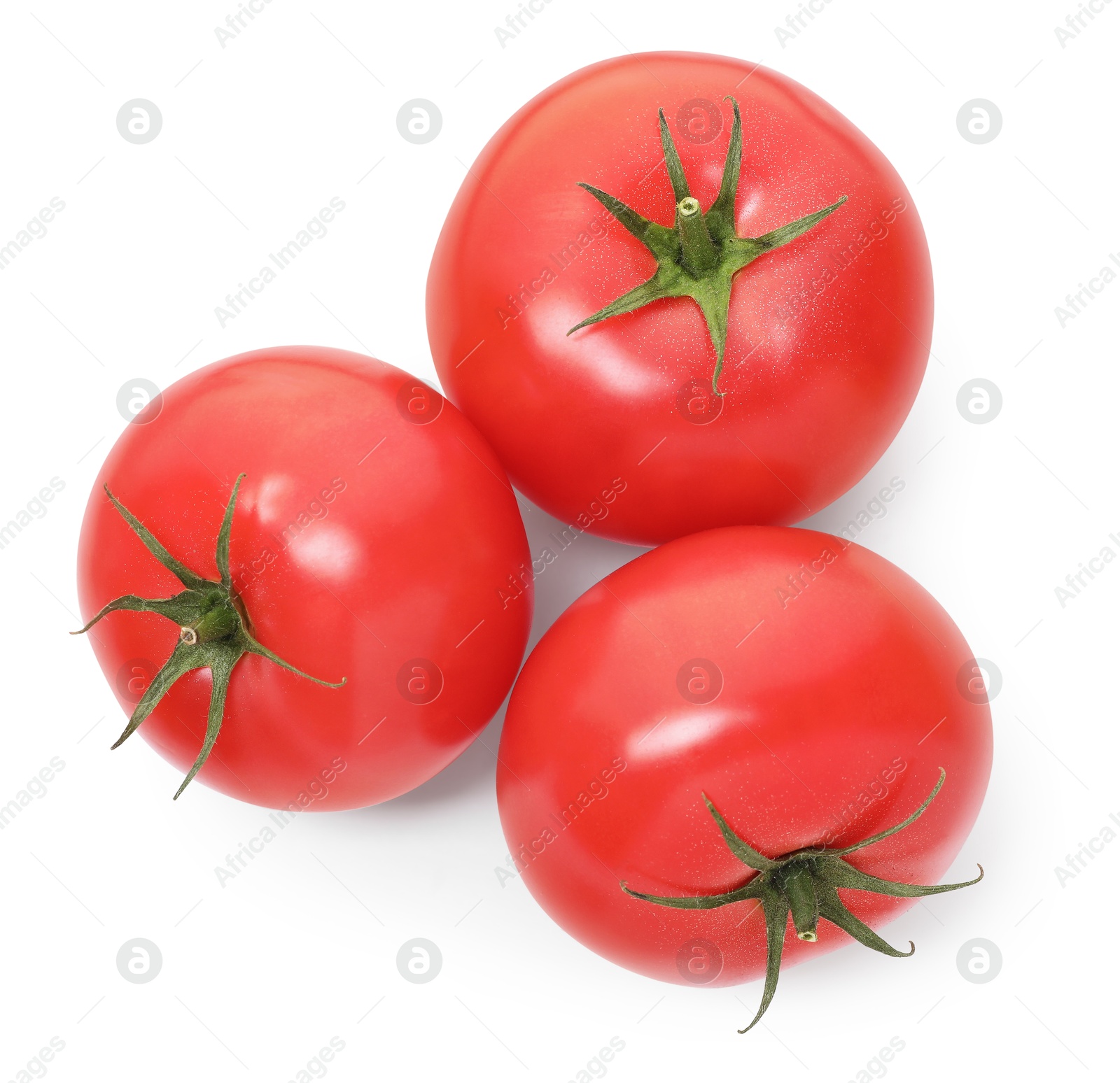 Photo of Ripe red tomatoes isolated on white, top view