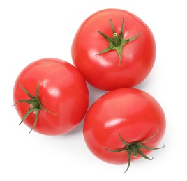 Photo of Ripe red tomatoes isolated on white, top view