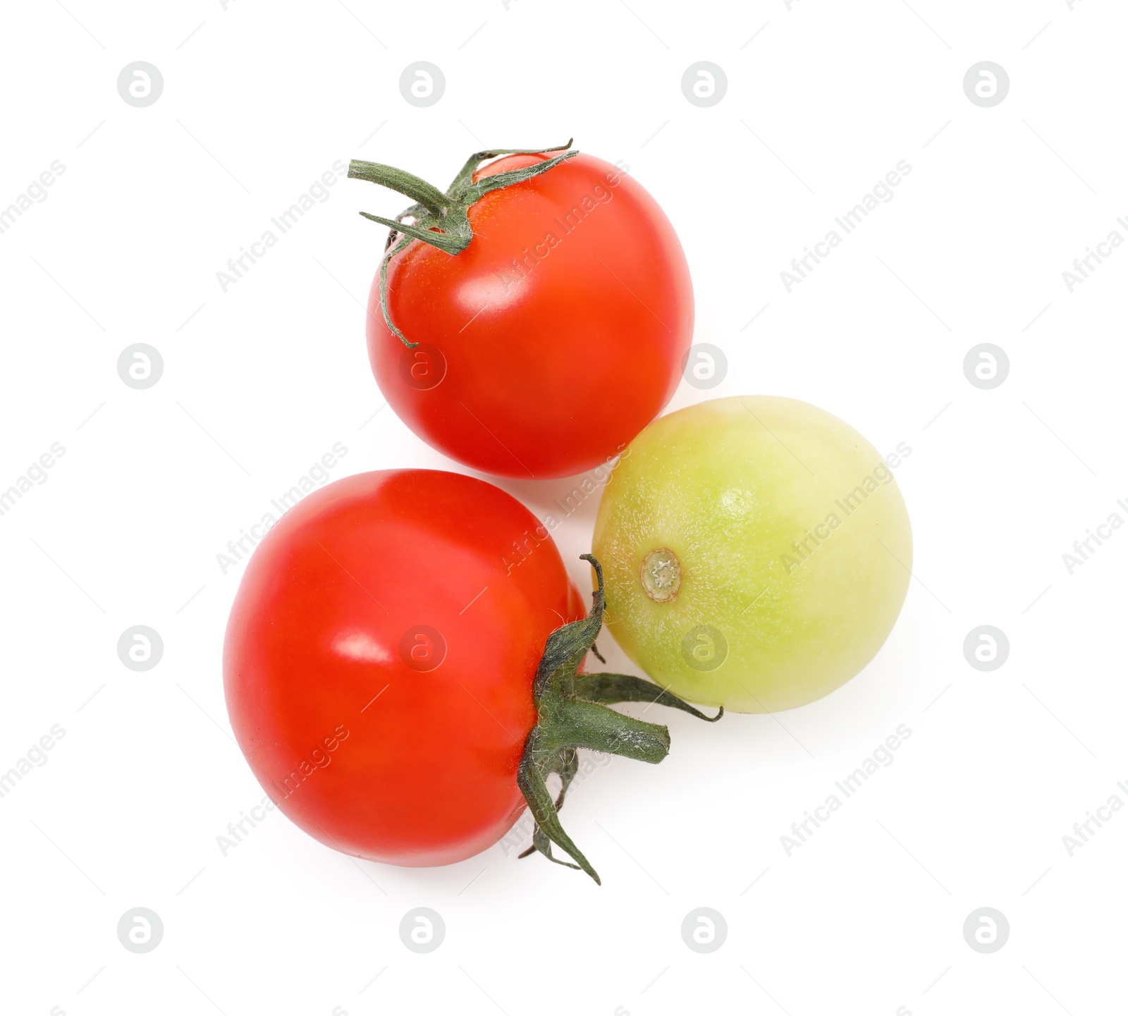 Photo of Different ripe juicy tomatoes isolated on white, top view
