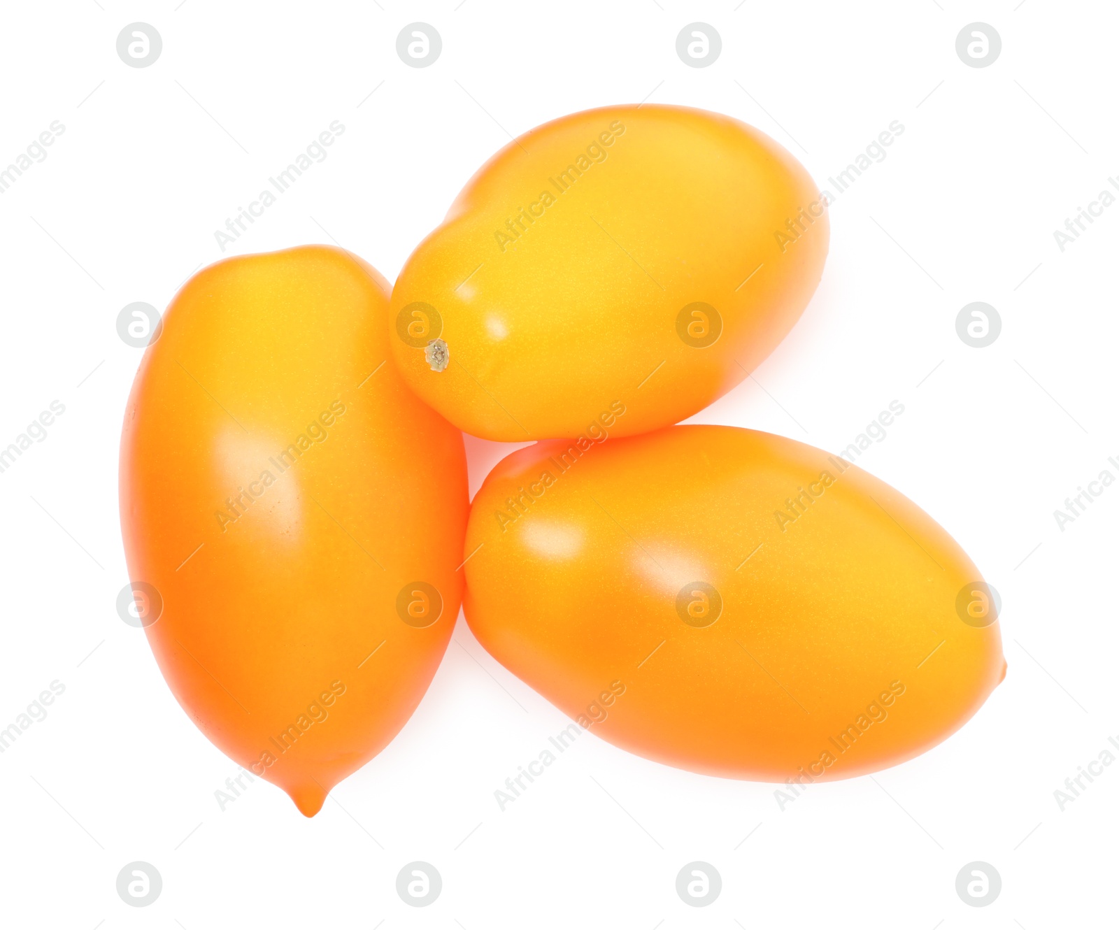 Photo of Ripe yellow tomatoes isolated on white, top view
