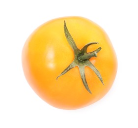 Photo of One ripe yellow tomato isolated on white, top view