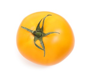 Photo of One ripe yellow tomato isolated on white, top view