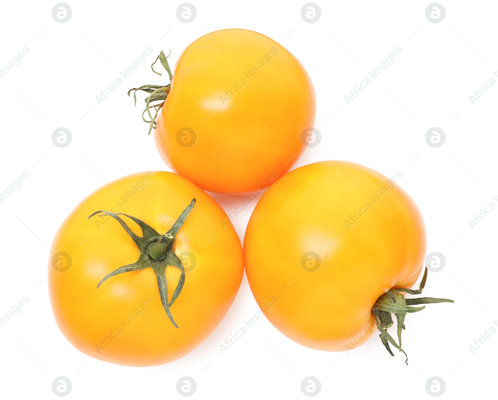 Photo of Ripe yellow tomatoes isolated on white, top view