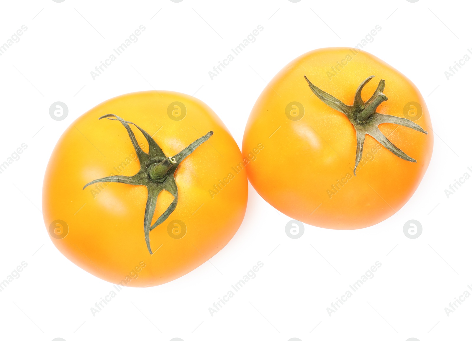 Photo of Ripe yellow tomatoes isolated on white, top view
