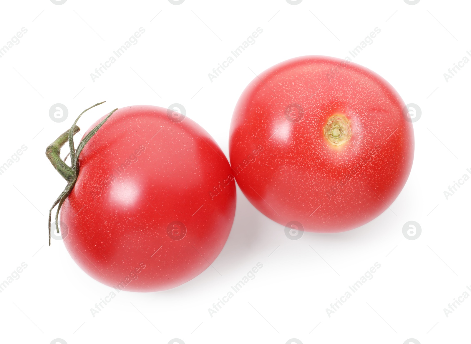 Photo of Ripe red tomatoes isolated on white, top view