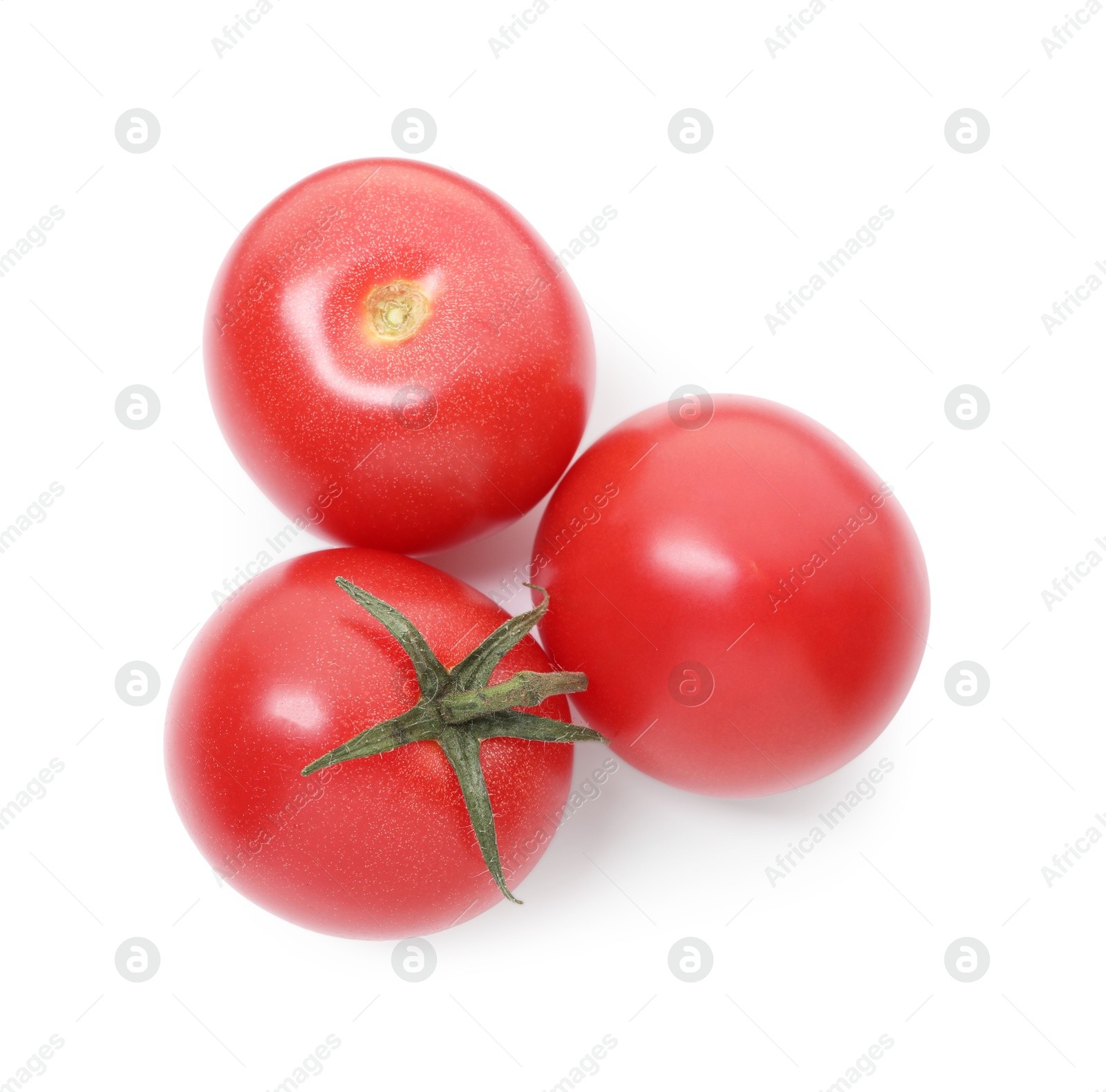 Photo of Ripe red tomatoes isolated on white, top view