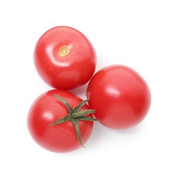 Photo of Ripe red tomatoes isolated on white, top view