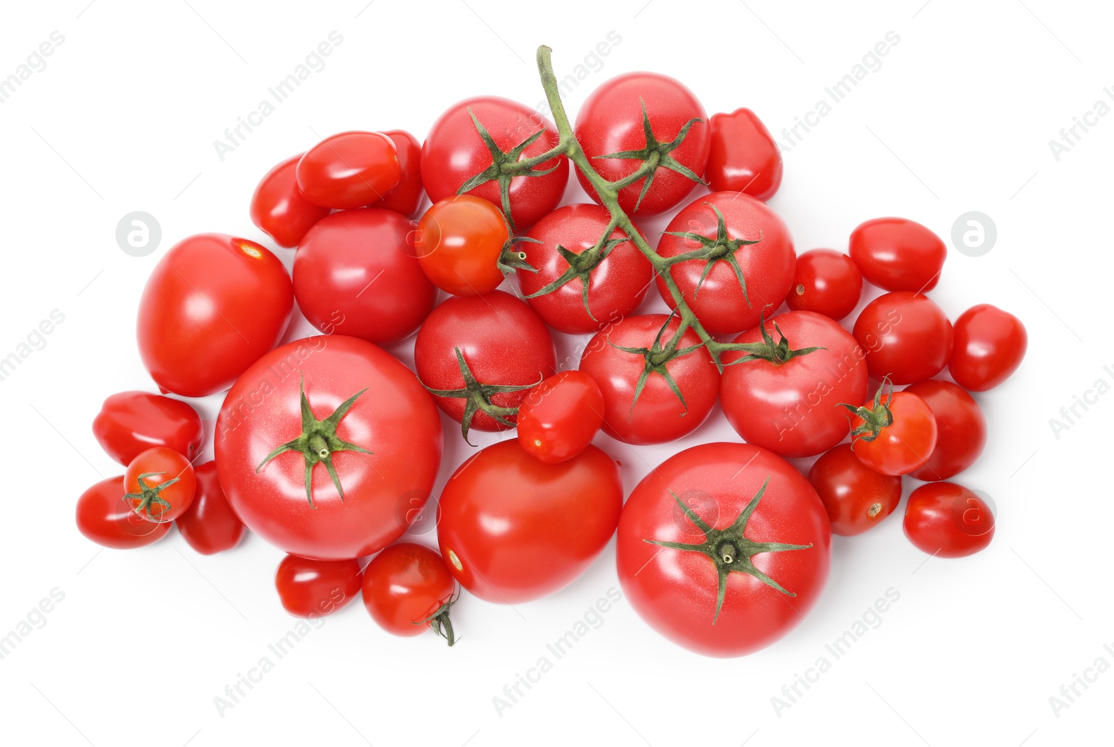 Photo of Many ripe red tomatoes isolated on white, top view