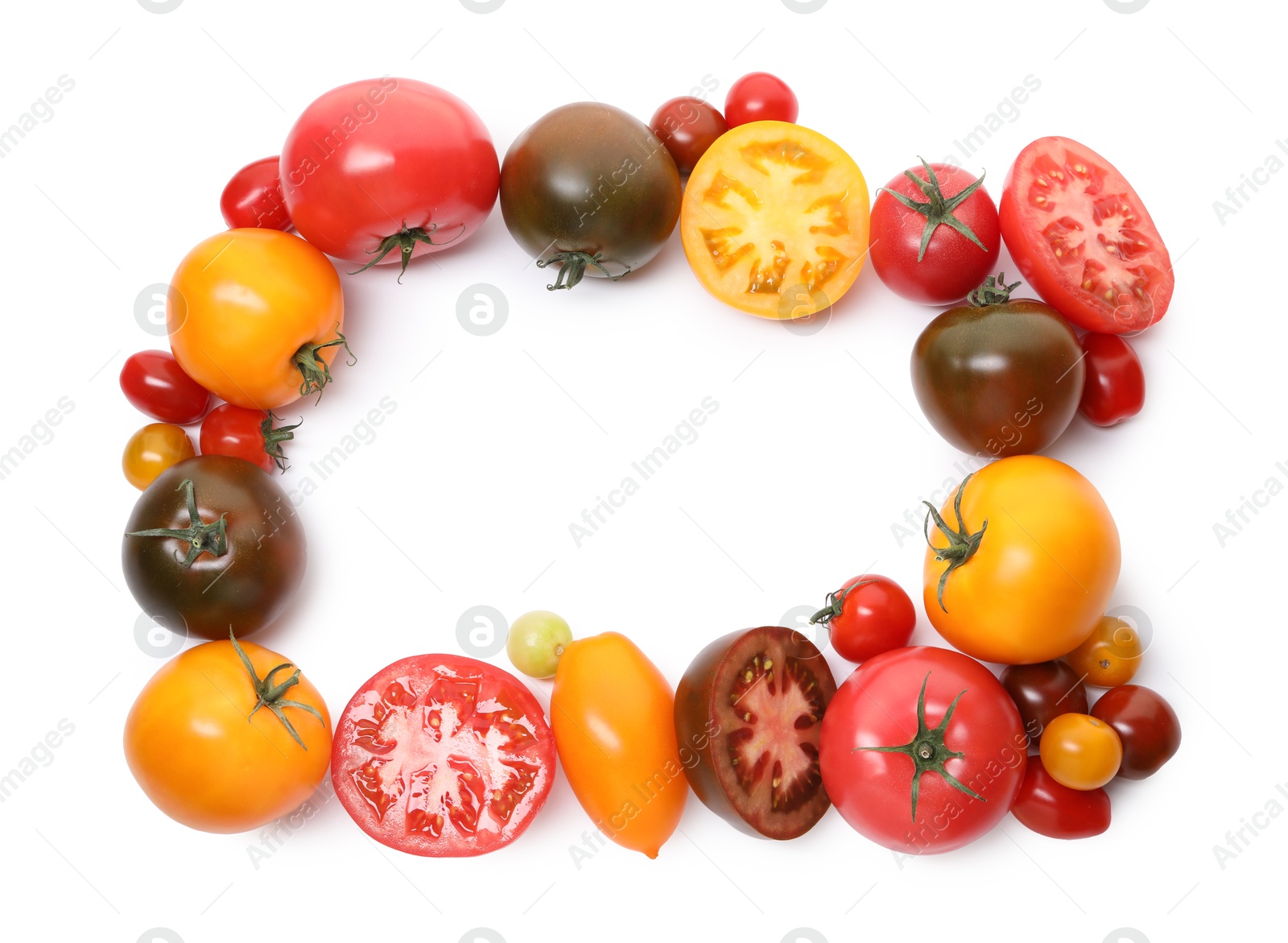 Photo of Frame of different ripe juicy tomatoes isolated on white, top view