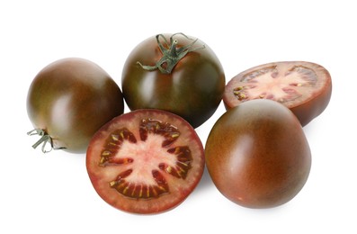 Photo of Whole and cut brown tomatoes isolated on white