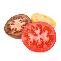 Photo of Pieces of different ripe juicy tomatoes isolated on white