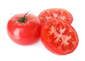Photo of Whole and cut red tomatoes isolated on white