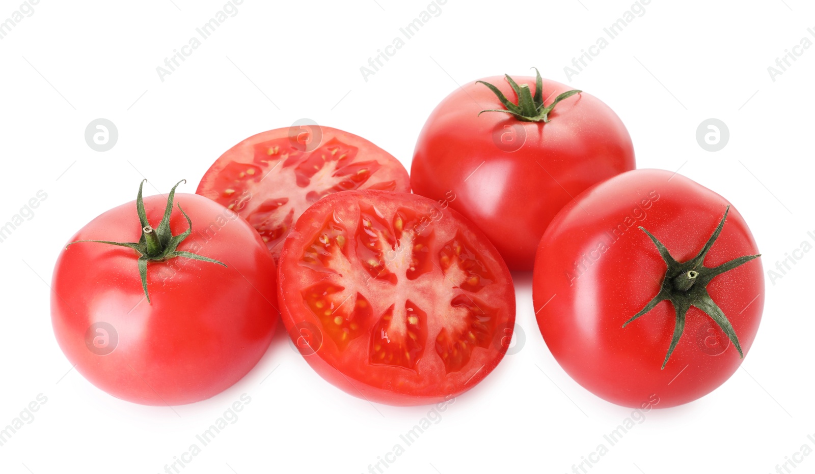 Photo of Many ripe red tomatoes isolated on white