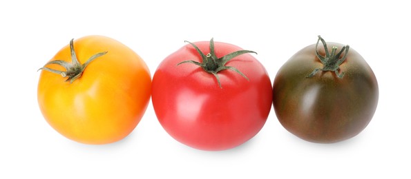 Photo of Different ripe juicy tomatoes isolated on white