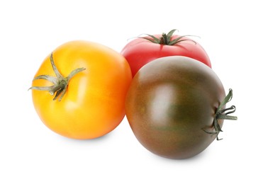 Photo of Different ripe juicy tomatoes isolated on white