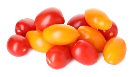 Photo of Heap of different ripe juicy tomatoes isolated on white
