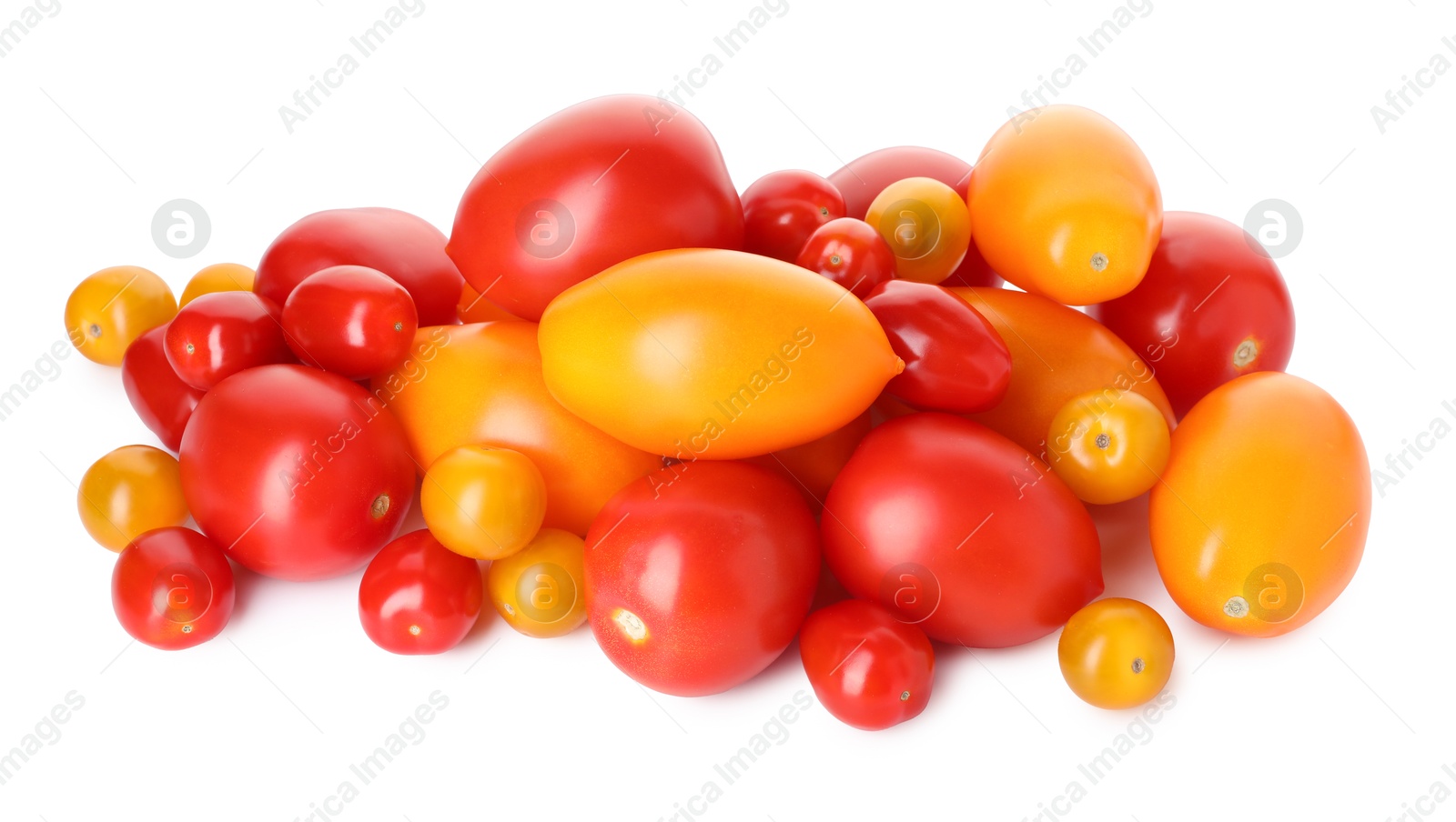 Photo of Heap of different ripe juicy tomatoes isolated on white