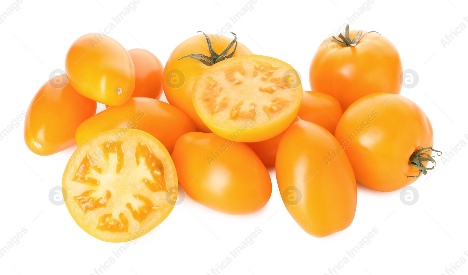 Photo of Many ripe yellow tomatoes isolated on white