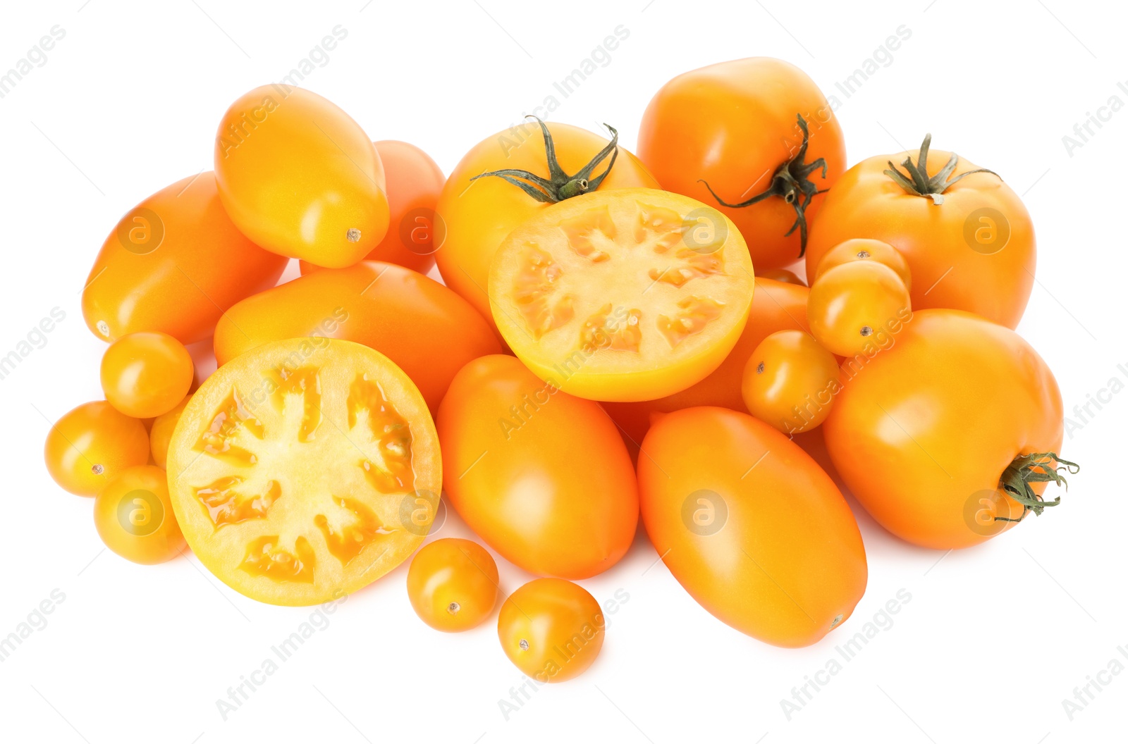 Photo of Many ripe yellow tomatoes isolated on white