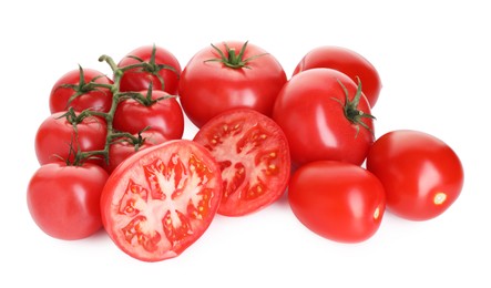 Photo of Many ripe red tomatoes isolated on white