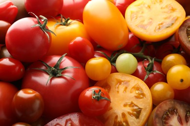 Photo of Different ripe juicy tomatoes as background, closeup