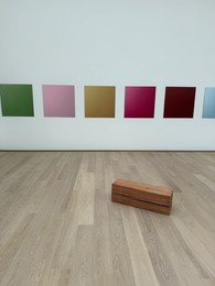Photo of Wassenaar, Netherlands - June 28, 2025: Installation of colorful squares on wall at Voorlinden museum