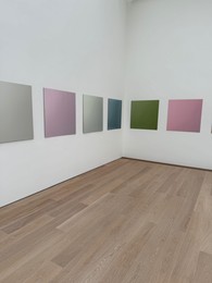 Photo of Wassenaar, Netherlands - June 28, 2025: Installation of colorful squares on wall at Voorlinden museum