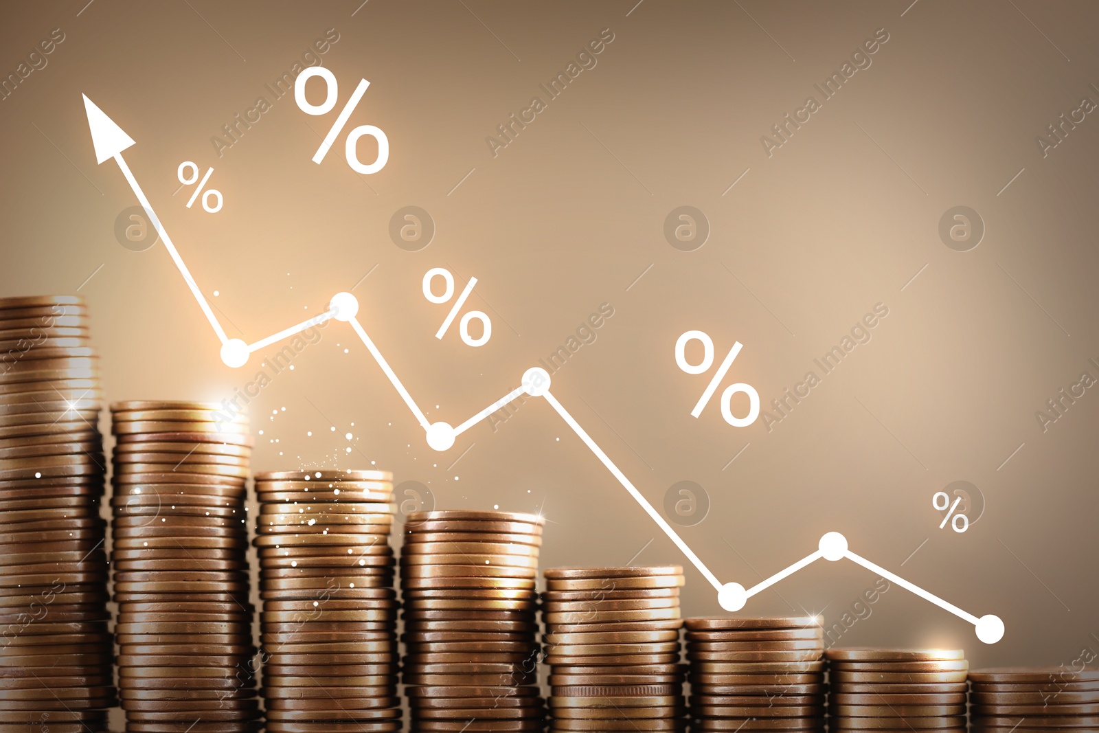 Percent signs and arrow above stacked coins against dark beige background Image of Percent signs and arrow above stacked coins against dark beige background