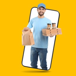 Image of Food delivery service worker giving online order out of mobile phone display. Orange background
