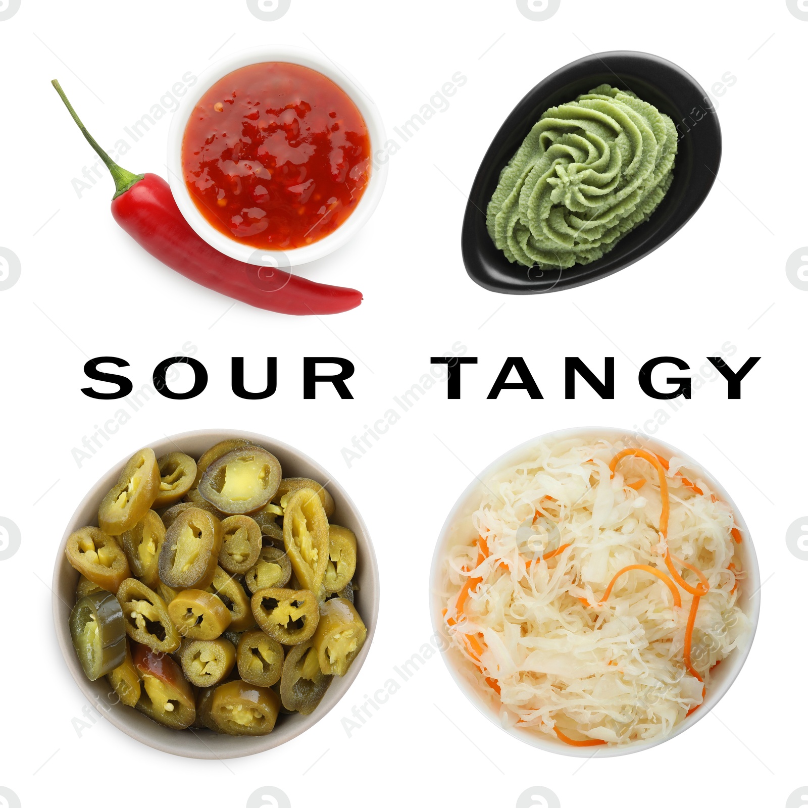 Image of Food products with sour or tangy taste isolated on white, set. Top view