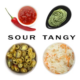 Image of Food products with sour or tangy taste isolated on white, set. Top view