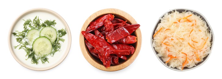Image of Foods with sour or tangy taste isolated on white, set. Top view