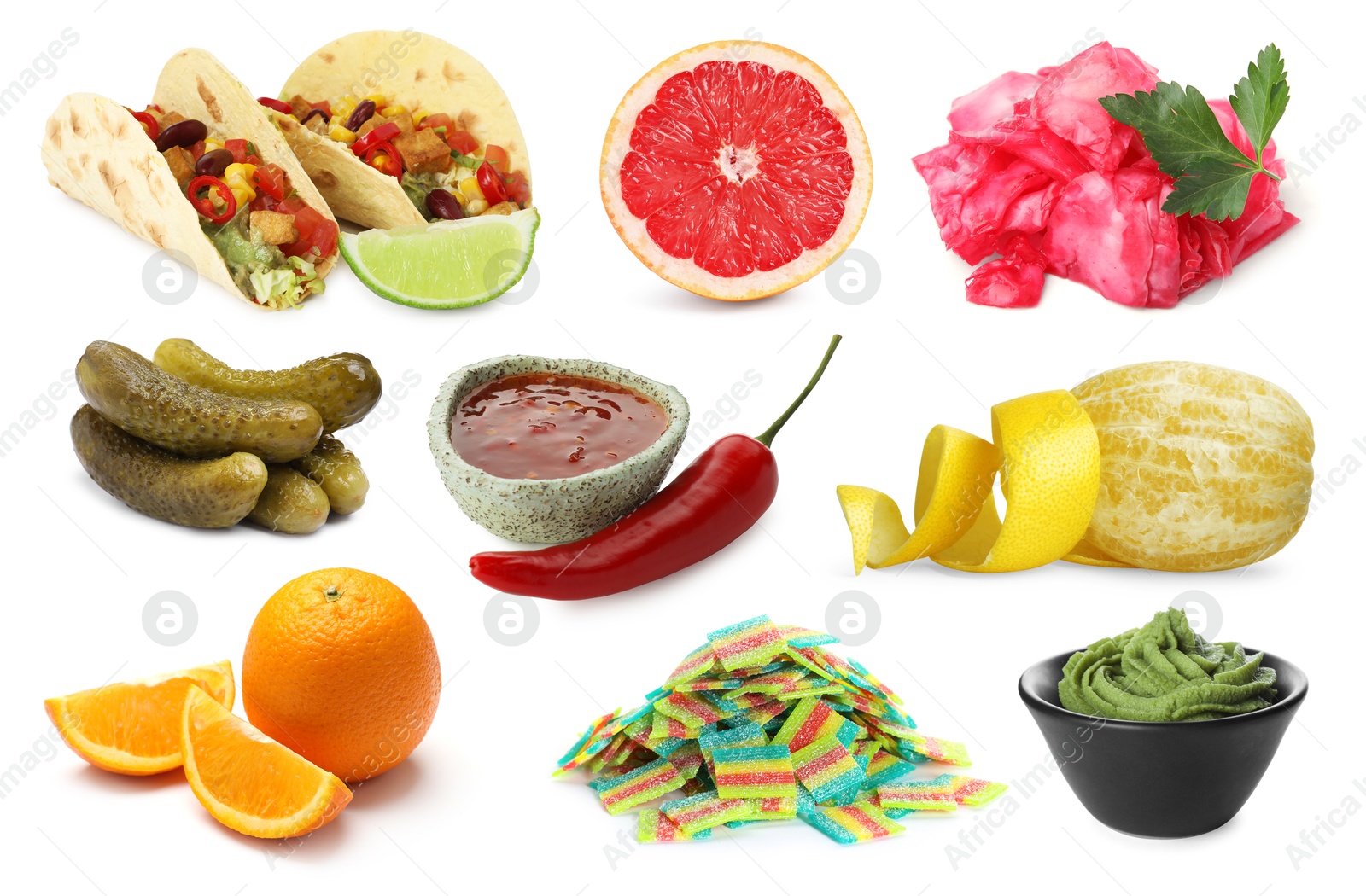 Image of Foods with sour or tangy taste isolated on white, set